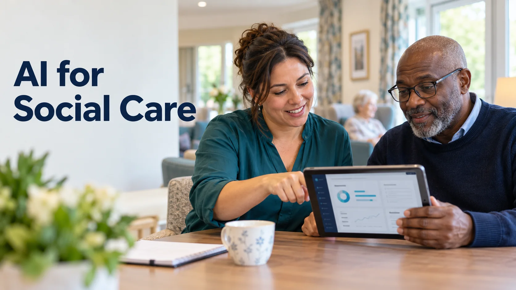 AI for social care: a manager shows a colleague a care dashboard on a tablet