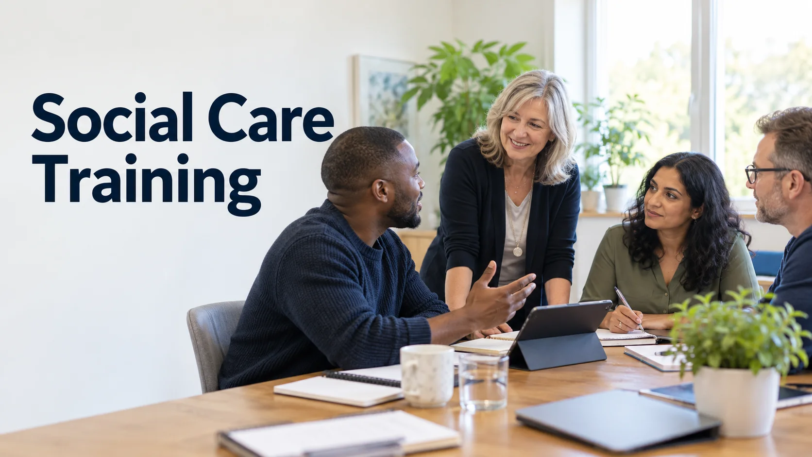 Social care training: a trainer works with a small group of care staff around a table